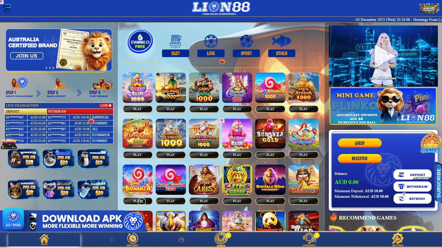 Lion88 Casino home interface on a desktop screen
